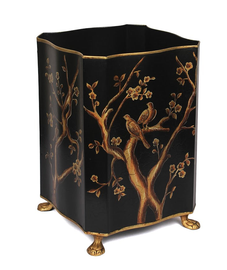 Square Scalloped Black and Gold Chinoiserie Wastepaper Basket