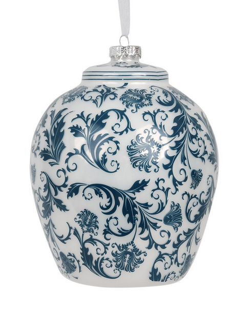 Floral Flat Top Blue Ginger Jar
