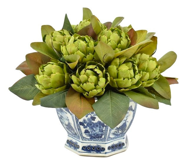 Artichoke and Magnolia Leaf in Porcelain Hexagon Planter
