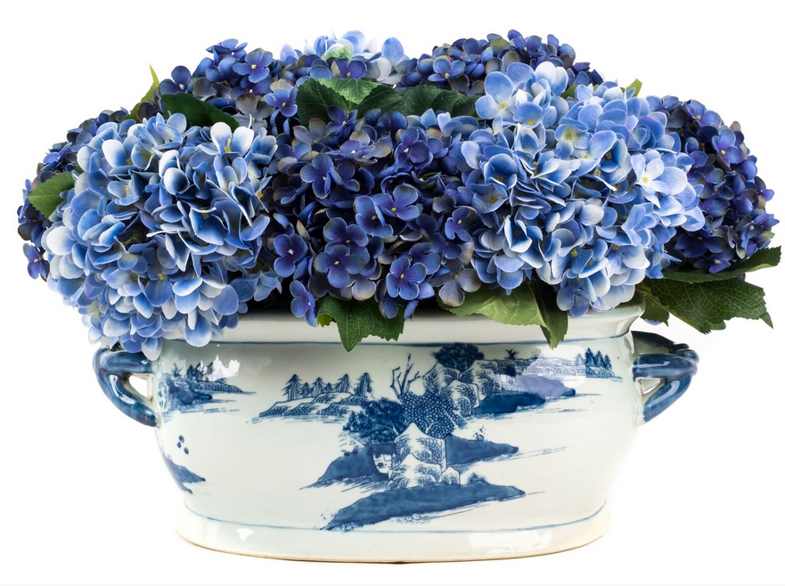 Blue Hydrangea arrangement In Oval Porcelain Fishbowl