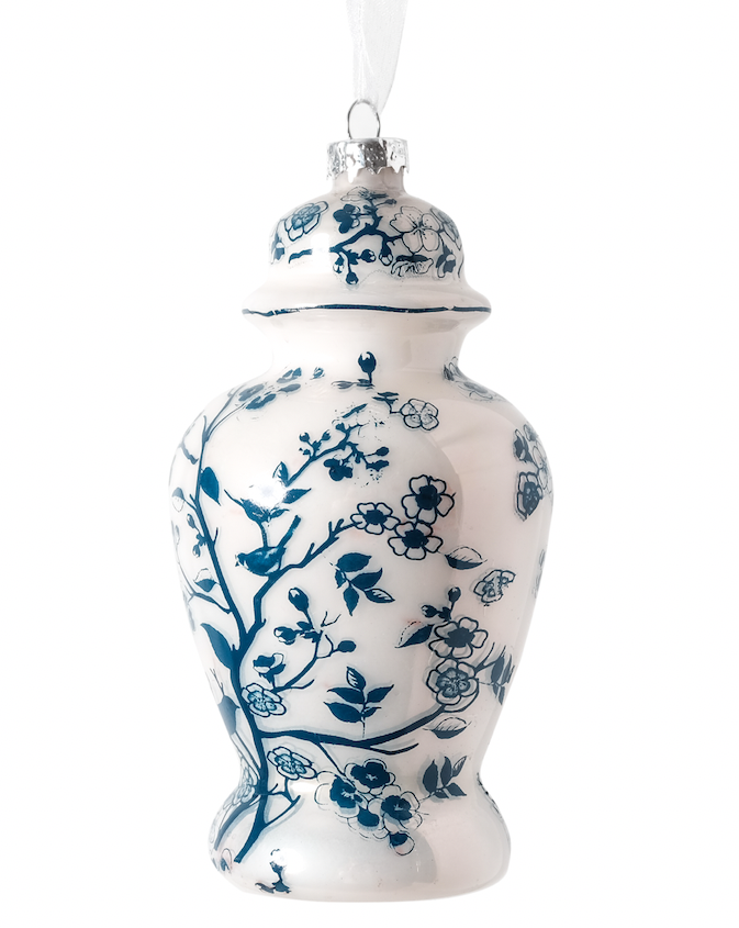 White & Blue Floral and Vine Ginger ornament