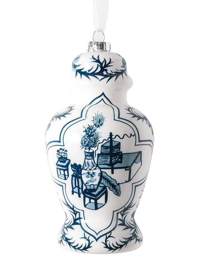 Navy Paneled Trellis & Floral Ginger Jar Ornament