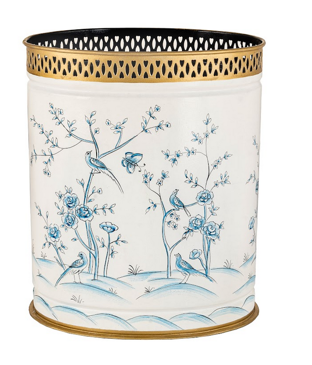 Ivory & Blue Oval Pierced Wastepaper Basket