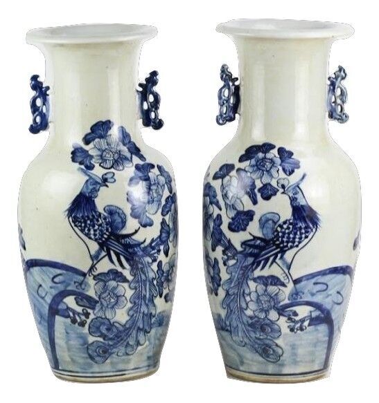 Pair of Pheasant Vases with Butterfly Handles