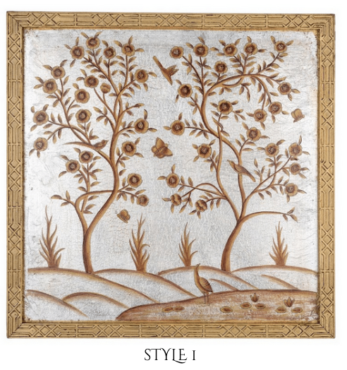 Pewter and Gold CHINOISERIE MURAL WITH GOLD FRETWORK FRAME