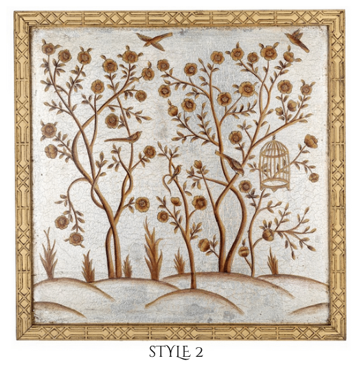 Pewter and Gold CHINOISERIE MURAL WITH GOLD FRETWORK FRAME