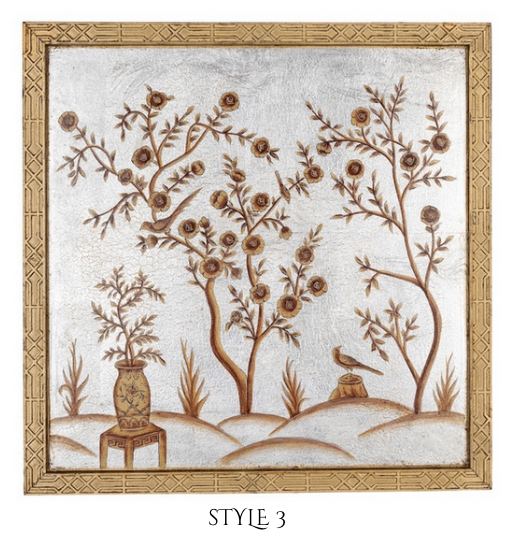 Pewter and Gold CHINOISERIE MURAL WITH GOLD FRETWORK FRAME