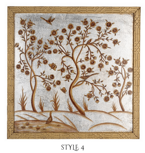 Pewter and Gold CHINOISERIE MURAL WITH GOLD FRETWORK FRAME