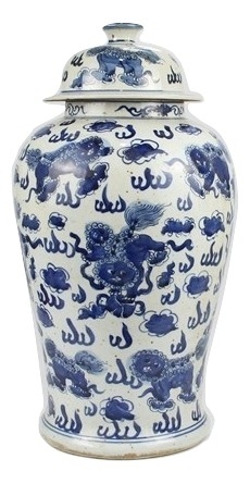 Blue & White Large Porcelain 8 Gods Motif Temple Jar Ginger Jar 24" Foo Dog Top 