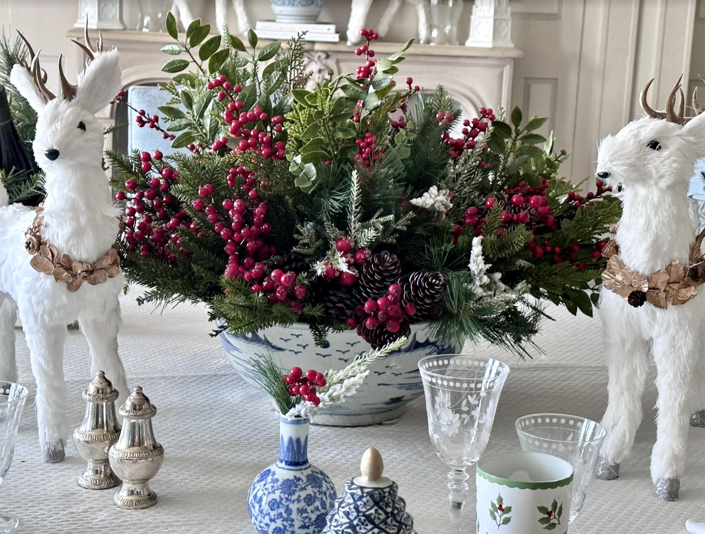 Decking the halls in the dining room….blue and white with a touch of red!
