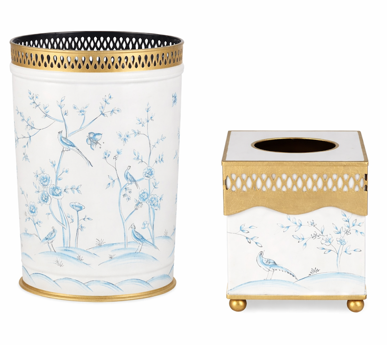 Ivory & Blue Pierced Wastepaper Basket & Tissue Holder (3 Options)