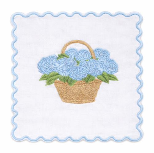 Set of 4 Blue Hydrangea Embroidered Cocktail Napkins