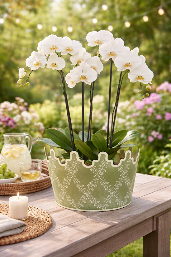 Green & White Trellis Scalloped Footed Planter