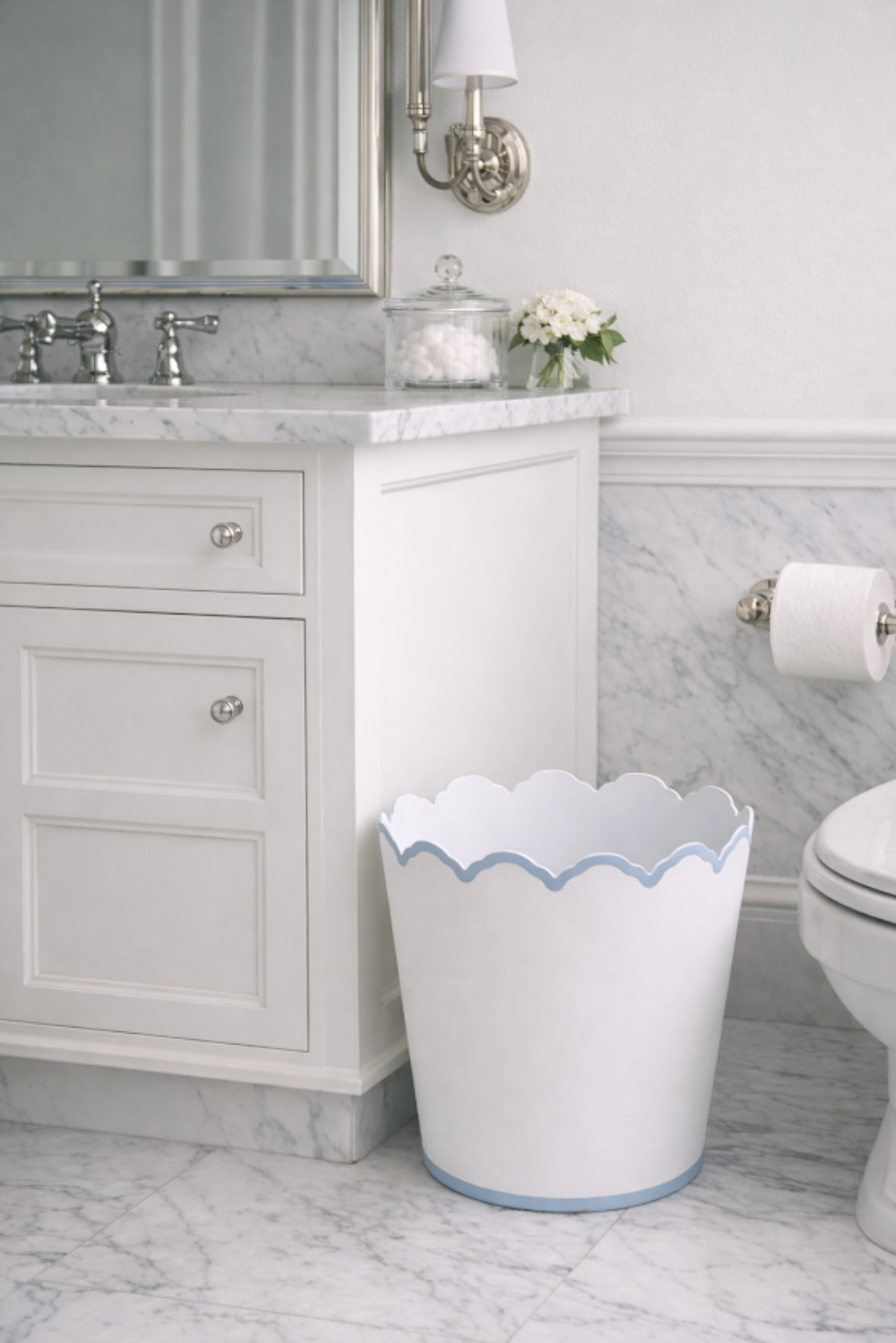 White & Pale Blue Scalloped Bucket Wastepaper Basket & Planters (4 Options)