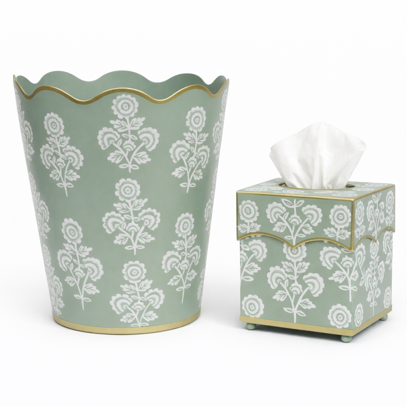 Green Floral Scalloped Wastepaper Basket & Tissue (3 Options)