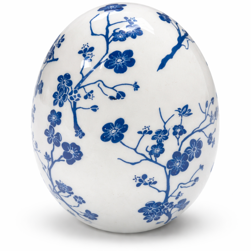 White & Blue Cherry Blossom Porcelain Egg