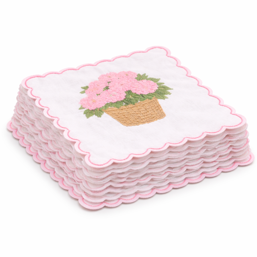 Set of 4 Pink Hydrangea Embroidered Cocktail Napkins