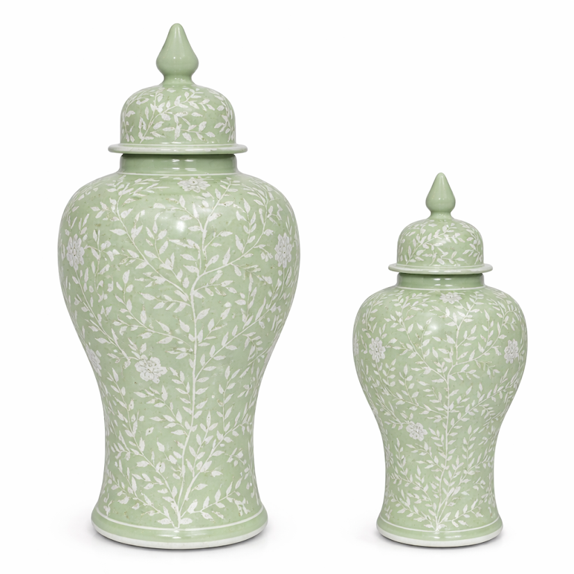 Green & White Chinoiserie Jar (2 Sizes)