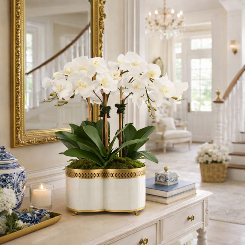 Four Stem White Orchid in Quatrefoil Pierced Planter
