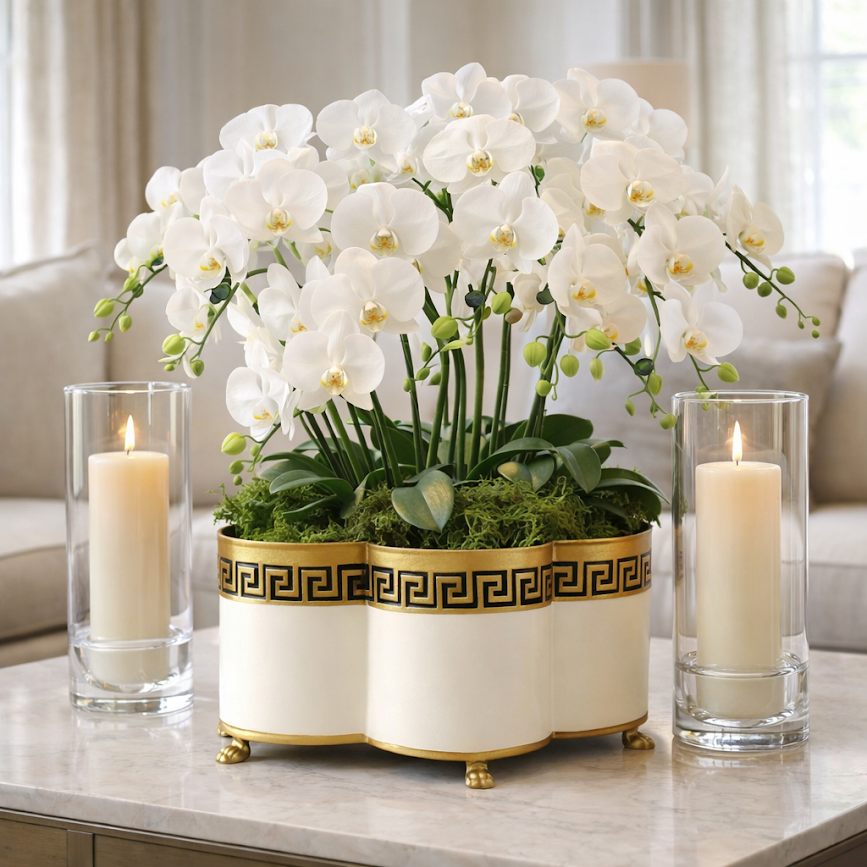 Ivory & Gold Greek Key Quatrefoil Planter