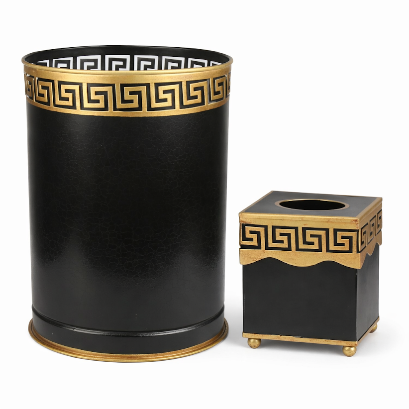 Black Greek Key Wastepaper Basket & Tissue Holder (3 Options)
