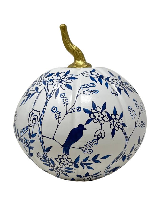 Blue & White Bird & Vine Pumpkin