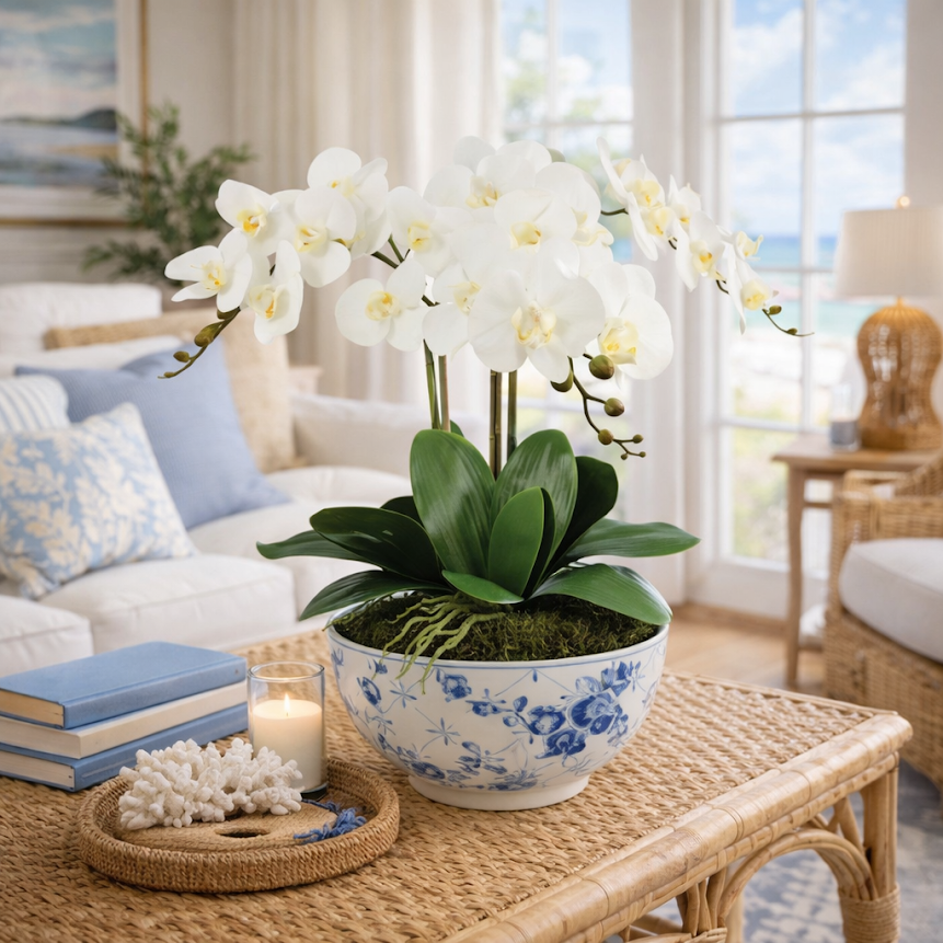 3 Steam White Orchid in Floral Bowl