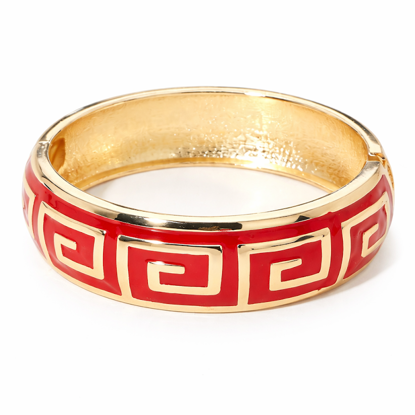 Red Enameled Greek Key Hinged Bangle