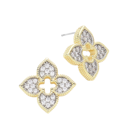Gold-Dipped CZ Quatrefoil Stud Earrings