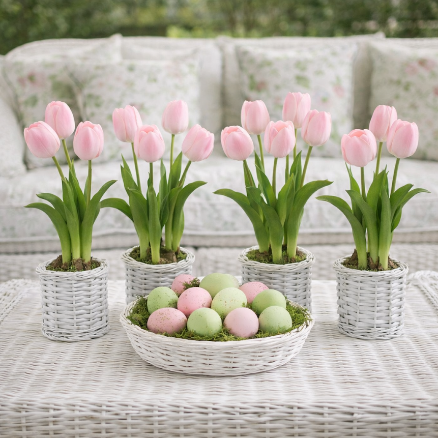 Set of 4 Pink Tulips in White Wicker Baskets