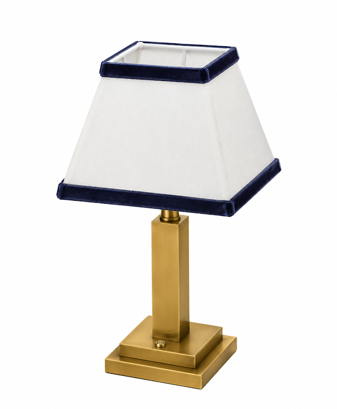 Gold Square Rechargeable Lamp with Navy Velvet Trim Shade