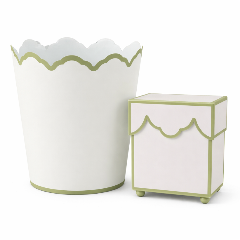 White & Olive Scalloped Wastepaper Basket & Tissue (3 Options)