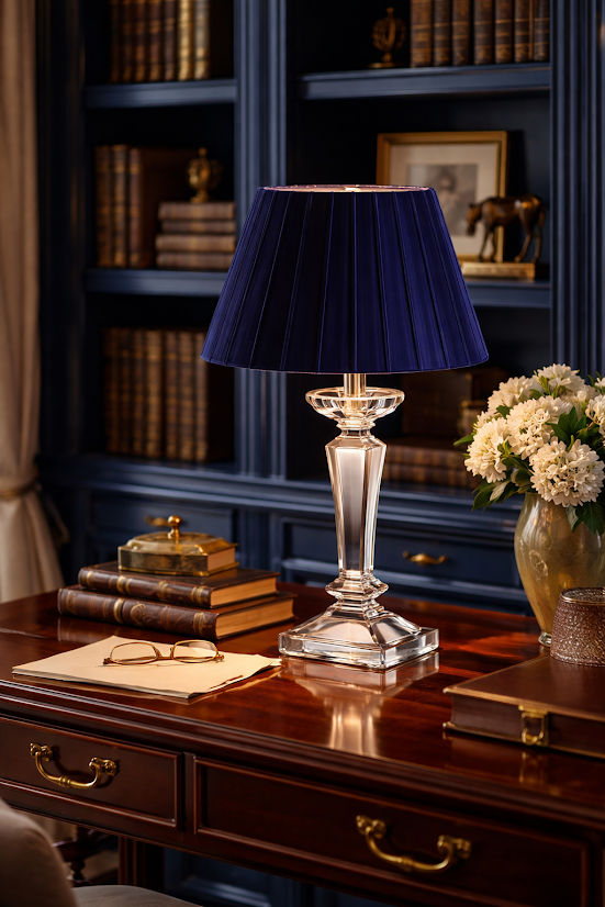 Square Crystal Rechargeable Lamp with Navy Velvet Shade