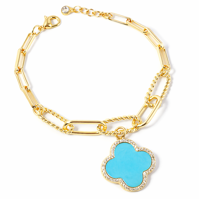 Turquoise Clover Paperclip Bracelet with CZ Accents