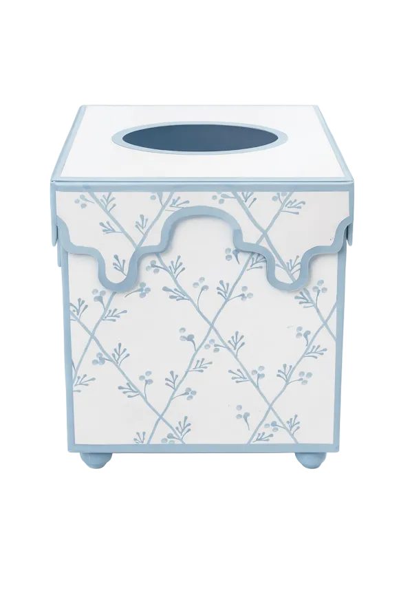 Soft Blue Trellis Scalloped Floral Tissue Holder