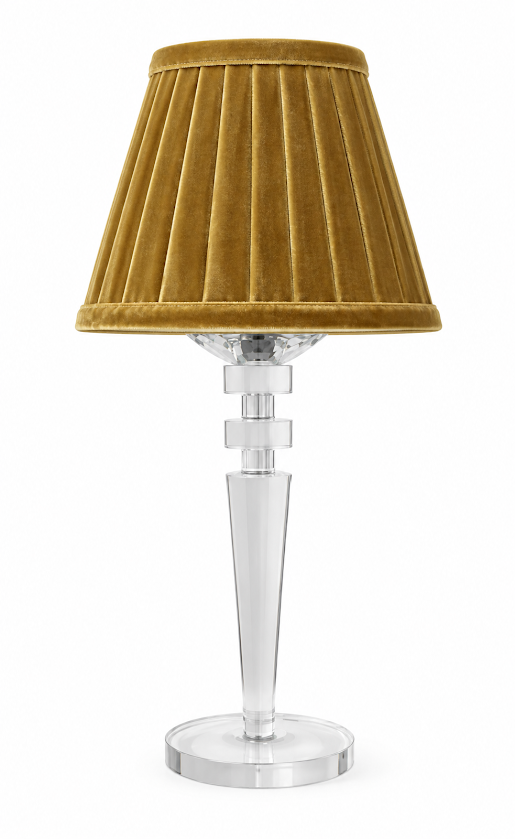 Tall Crystal Rechargeable Lamp with Antique Gold Velvet Shade