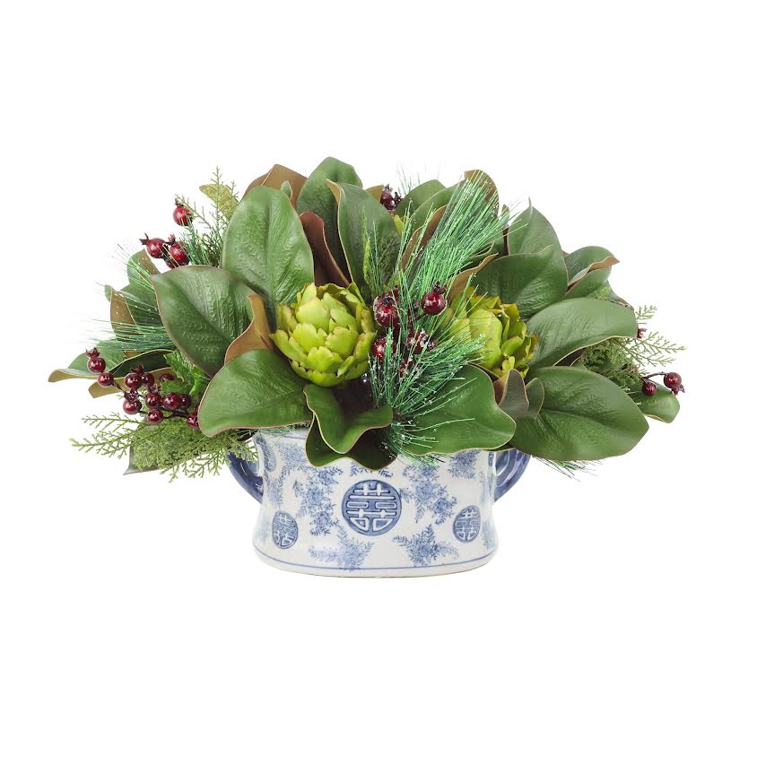 Artichoke, Berries, and Magnolia Leaf Arrangement