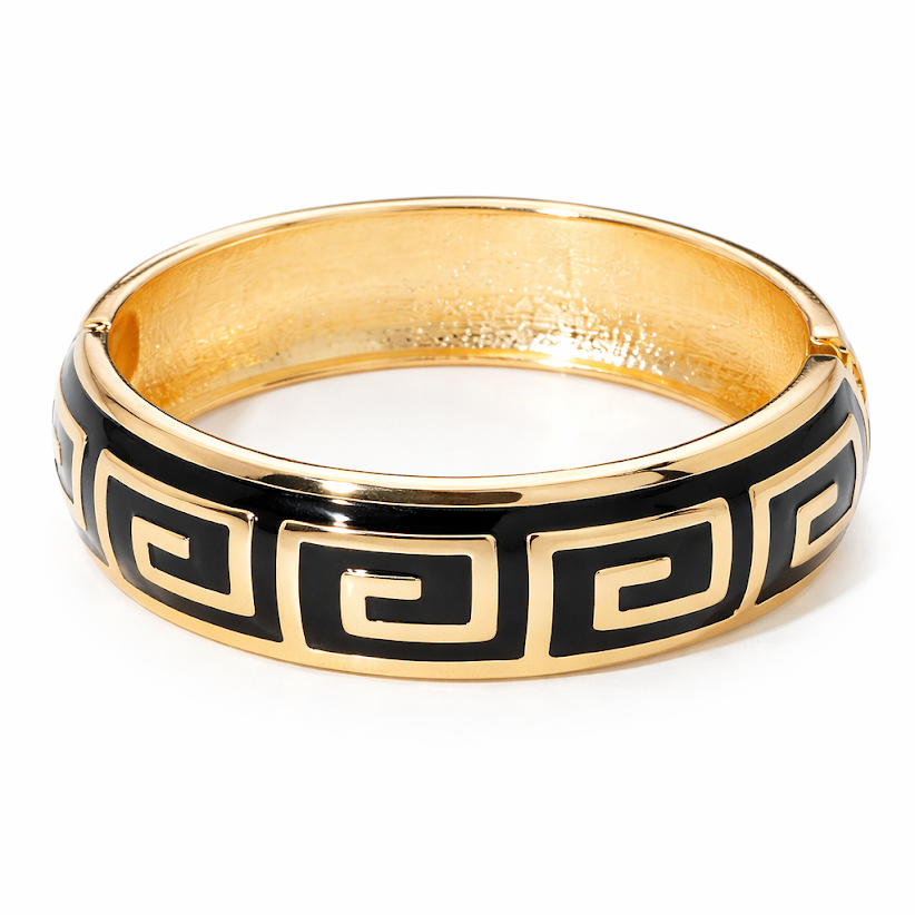 Black Enameled Greek Key Hinged Bangle