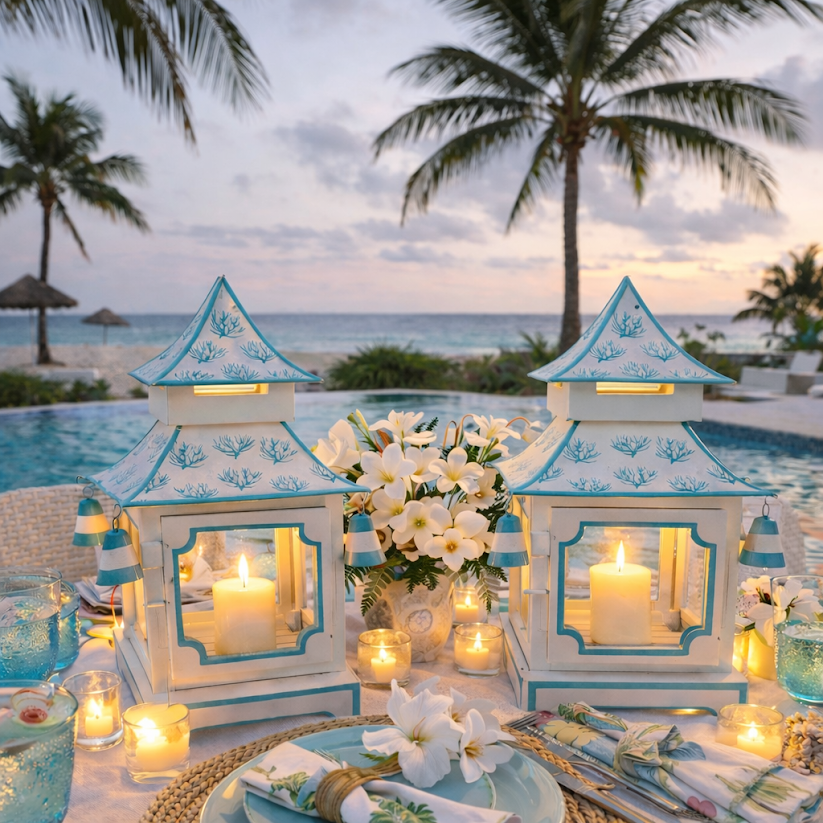 White & Soft Aqua Coral Pagoda Lantern (4 Sizes)