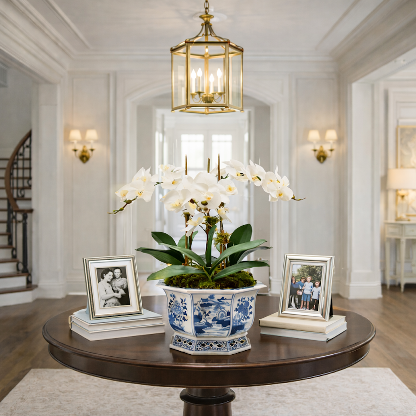 3 Stem White Orchid in Round Pierced Porcelain Planter