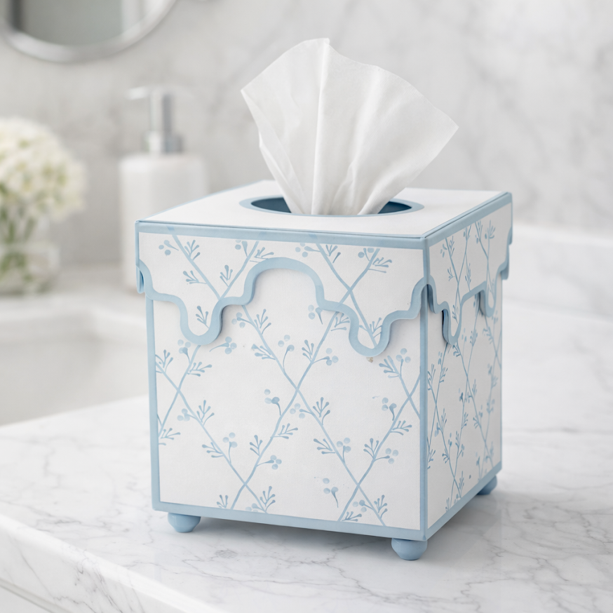 Soft Blue Trellis Scalloped Floral Tissue Holder