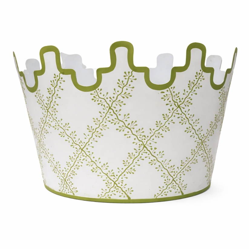 White & Green Trellis Scalloped Footed Planter: Final Sale