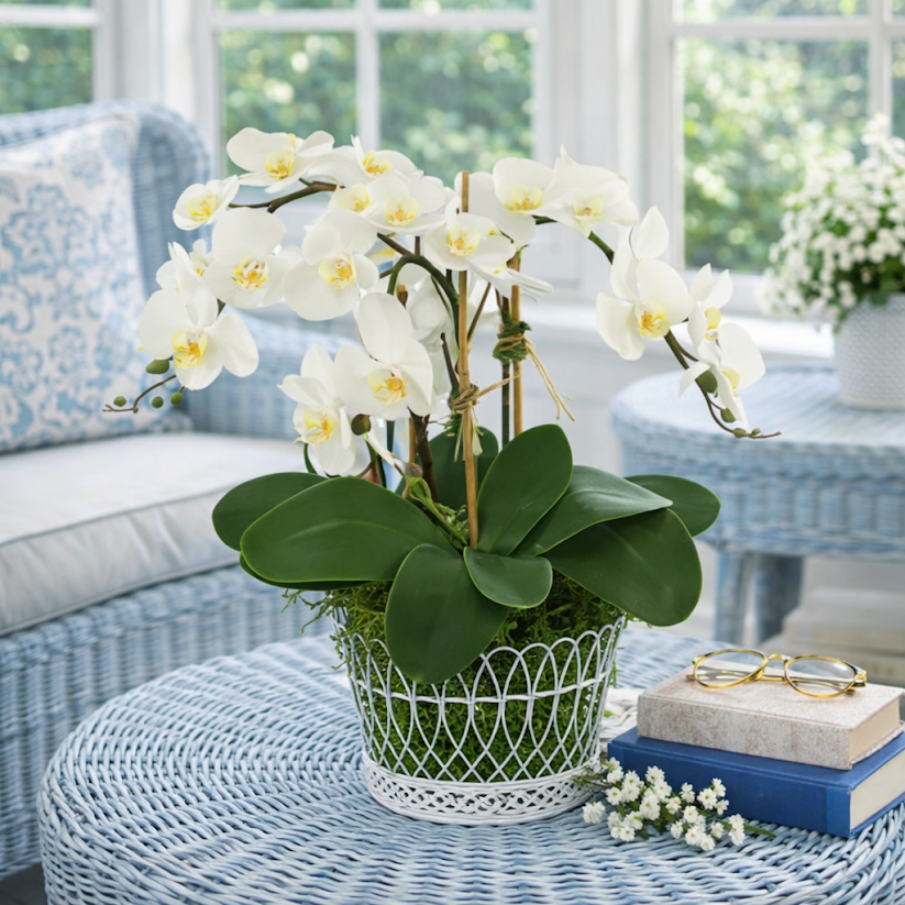 3 Stem White Orchid in French Wire Basket