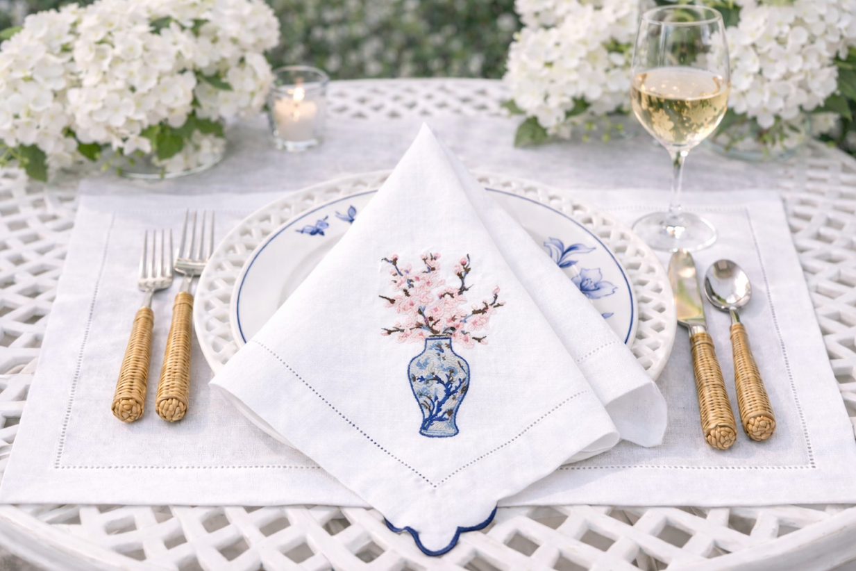 SET OF 4 Cherry Blossom EMBROIDERED DINNER NAPKINS