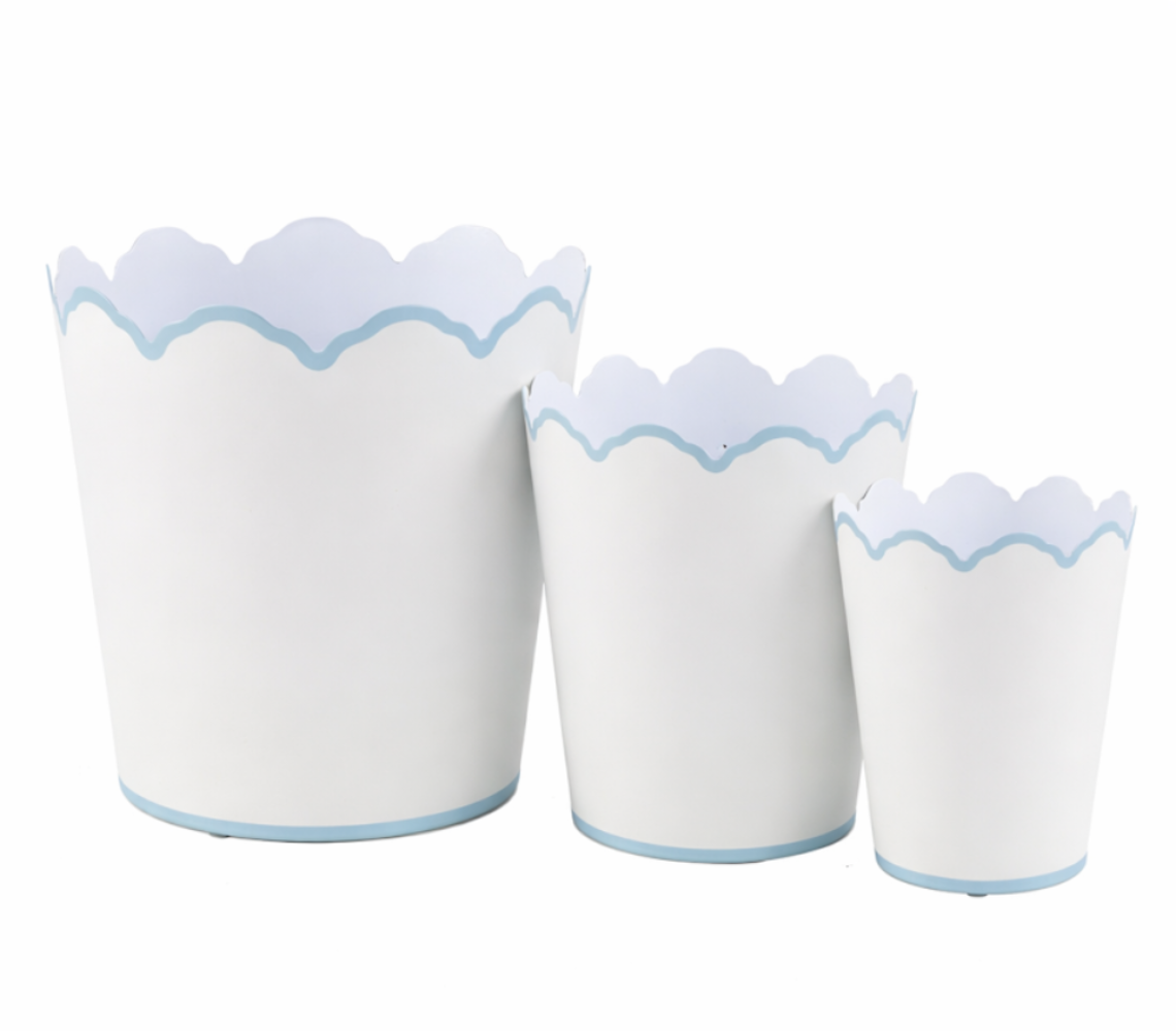 White & Pale Blue Scalloped Bucket Wastepaper Basket & Planters (4 Options)