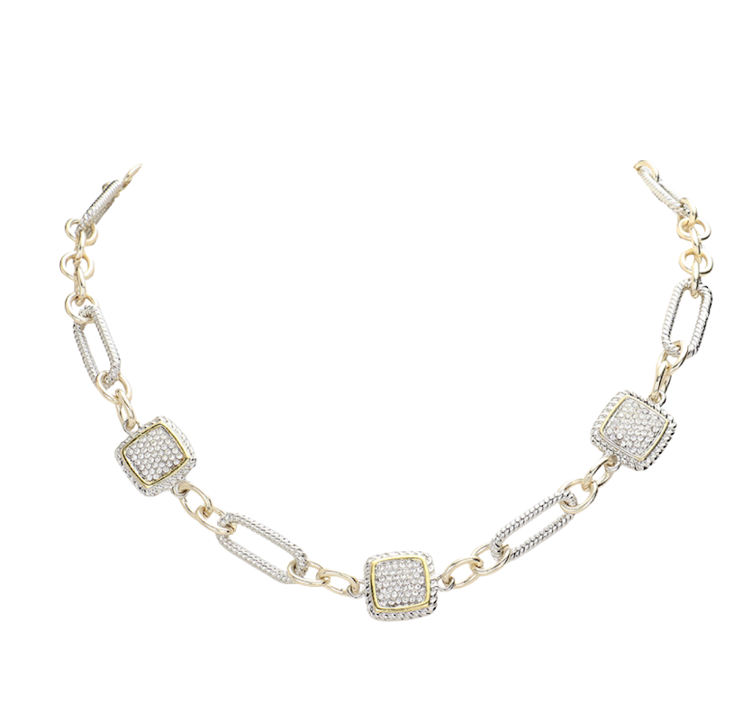 Two-Tone CZ Triple Square Toggle Necklace