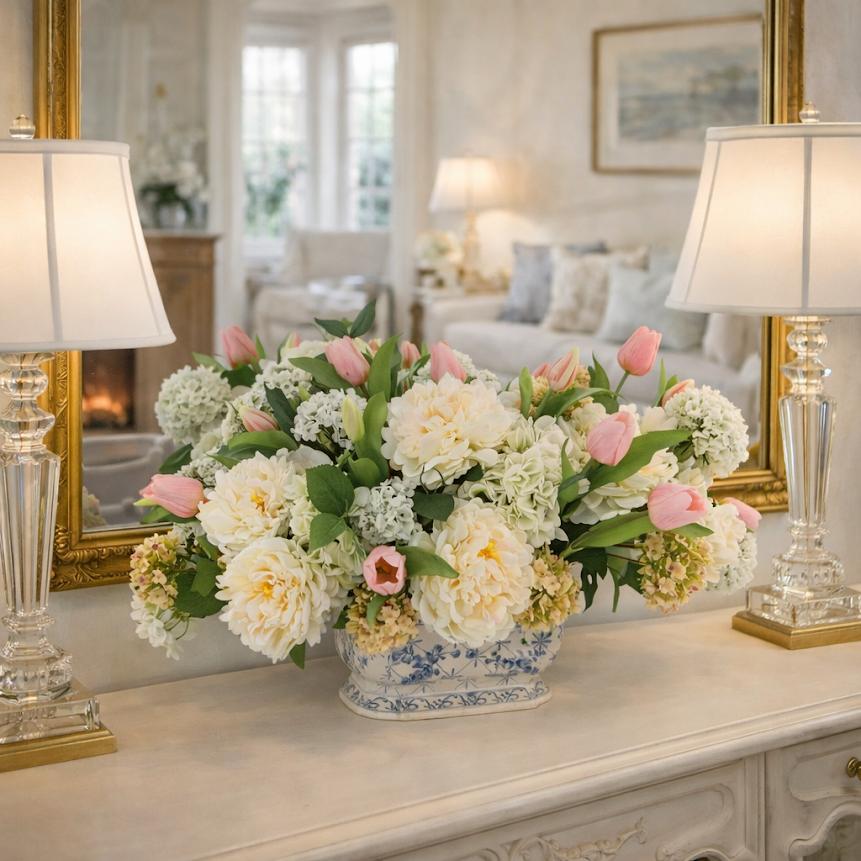 Ceramic Pot Floral Arrangement: Hydrangea, Peony & Viburnum
