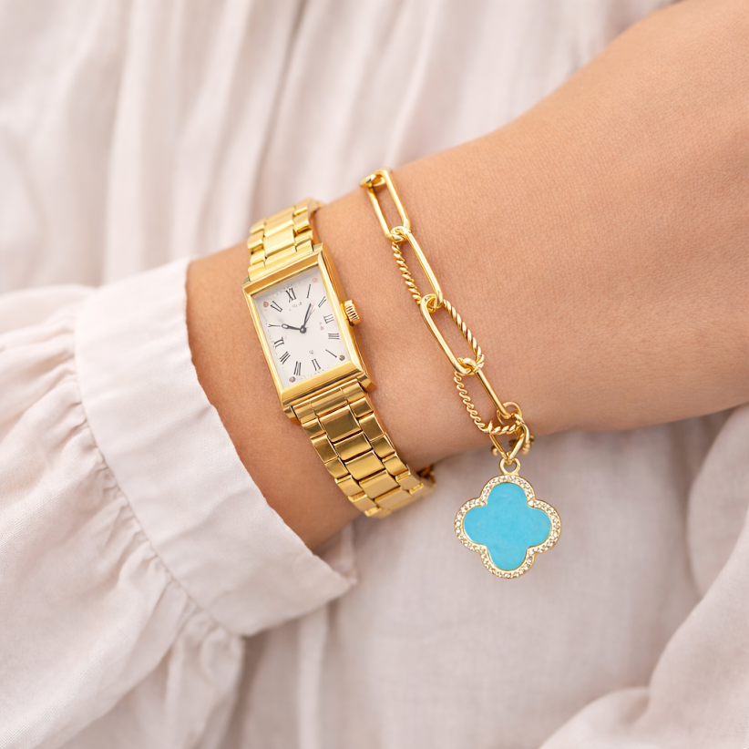 Turquoise Clover Paperclip Bracelet with CZ Accents