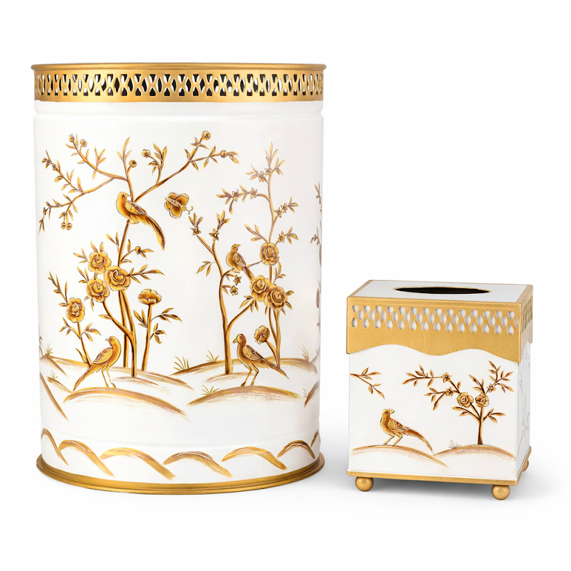 Ivory & Gold Oval Pierced Wastepaper Basket & Tissue (3 Options)