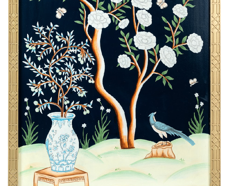 Navy AND MULTI COLOR VASE CHINOSERIE MURAL